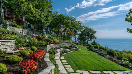Obraz premium California Cliffside Park with stone terraces and ocean views, stunning coastal escape