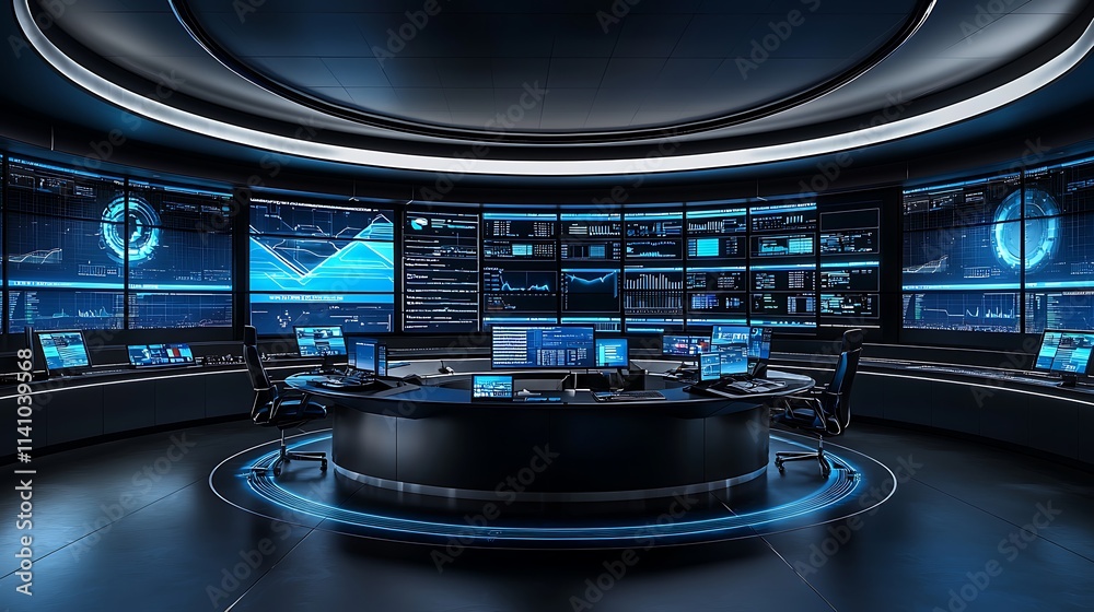 Aufkleber Futuristic control room with multiple monitors displaying data and graphs. (1)