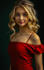 Fototapeta premium A sophisticated young woman in a red dress poses gracefully against a dramatic dark background, exuding elegance and confidence.