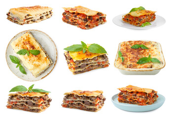 Delicious lasagna isolated on white, set. Italian cuisine