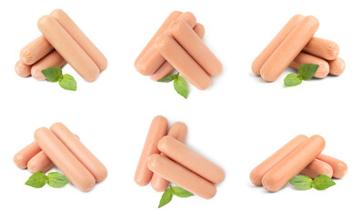 Tasty boiled sausages isolated on white, set. Top and side views