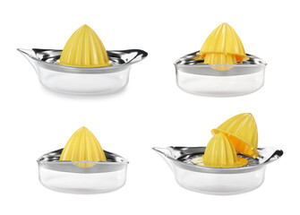 Plastic juicer isolated on white, collage. Kitchen tool