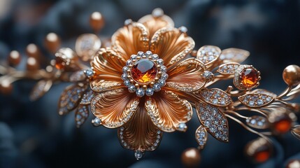 Ornate gold flower brooch, amber gems, diamonds.