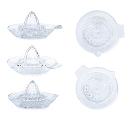 Glass juicer isolated on white, collage. Top and side views