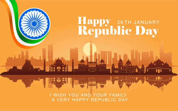 Indian Republic Day Celebration Greeting Card with skyscraper silhouettes, historical buildings and Text. Happy Republic Day India Social Media Post and Flyer Template. 26 January.