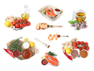 Different types of fish marinade, salmon and herring pieces on white background