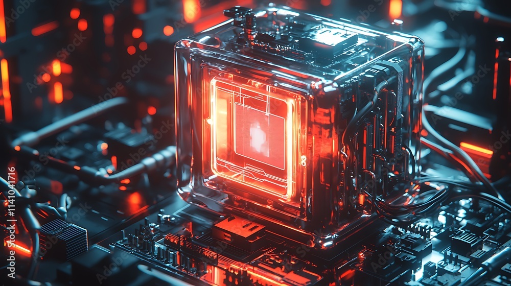 Aufkleber futuristic transparent cube with glowing red core on circuit board.