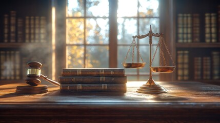 Gavel, scales, and law books on a wooden desk in a library, backlit by sunlight.