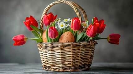 Obraz premium A woven basket filled with red tulips, daisies, and decorated eggs, symbolizing spring and Easter.