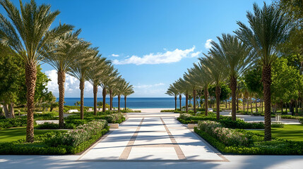 Obraz premium Florida Coastal Park with palm groves and white sandy paths, relaxing seaside escape