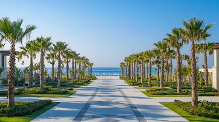 Fototapeta premium Florida Coastal Park with palm groves and white sandy paths, relaxing seaside escape