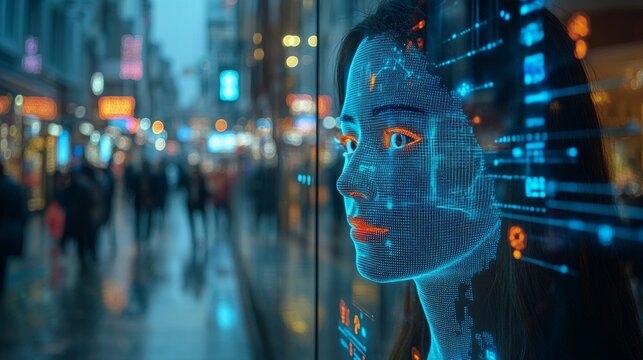 Facial recognition technology displayed in a bustling urban environment during the evening hours - Powered by Adobe