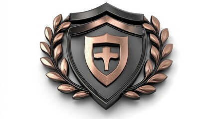 A stylized emblem featuring a shield and laurel, symbolizing protection and achievement.