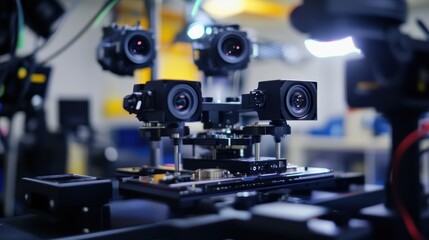 A closeup of a quality control unit with multiple cameras and sensors precisely positioned over a mechanical assembly showcasing the intricate setup required for thorough inspection