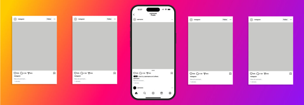 Instagram carousel or slide pages interface vector mockup with pages. Instagram mockup. Set instagram screen social media and social network interface template.