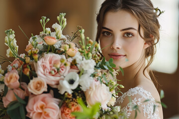 Naklejka premium Woman is holding a bouquet of flowers and posing for a picture. The flowers are pink and white, and the woman has a pretty smile on her face. Concept of happiness and celebration