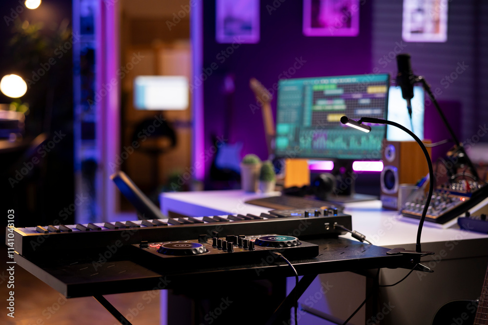 Poster Empty home studio used to produce music and tunes with electronic devices, acoustics instruments and soundboard with control panel. Space equipped with amplifier and mixing tools.
