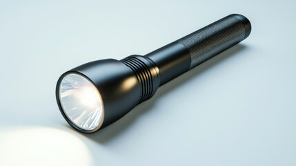 close up of a black flashlight with bright light on a smooth surface