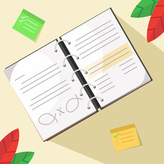 Flat illustration book with notes and leaf ornament