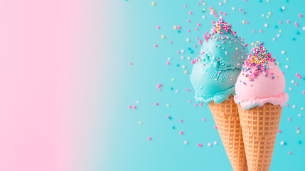 A set of pastel-colored ice cream scoops in waffle cones, showcasing blueberry, strawberry, pistachio, almond, and banana flavors against a soft backdrop, pastel colors