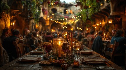 Fototapeta premium Candlelit medieval feast, rustic table setting.