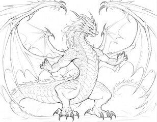 Fototapeta premium Pencil sketch of a majestic dragon drawn on a plain white canvas