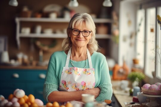 Portrait of a smiling mature woman standing in the kitchen at home - Powered by Adobe