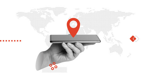 Hand holding smartphone with location pin on world map background. Global communication or...