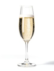 Elegant Glass of Sparkling Champagne with Bubbles on White Background