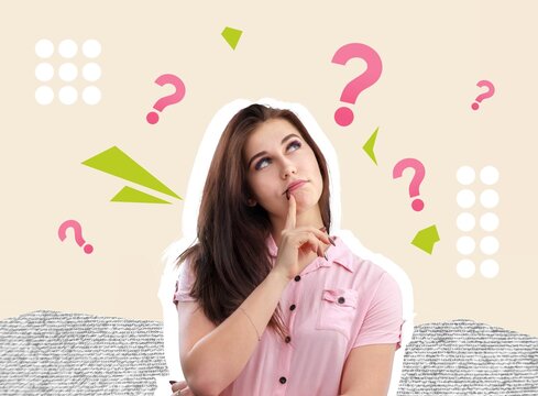 Trend artwork of young lady thoughtful with question marks