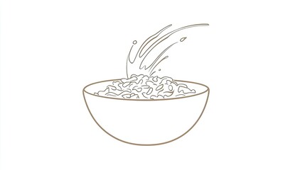A simple line drawing of a bowl of rice with water splashing into it.