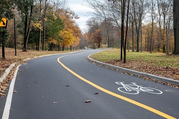 Fototapeta premium Scenic bike path winding through trees with autumn foliage on a cloudy day in the park