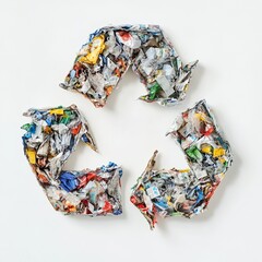 recycling symbol made of mixed garbage white on white background