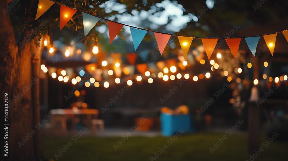 Poster colorful bunting is swaying in the breeze as string lights illuminate a festive backyard gathering