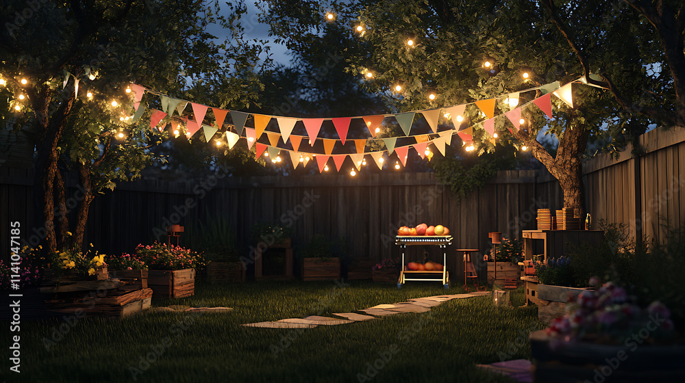 Poster colorful bunting is swaying in the breeze as string lights illuminate a festive backyard gathering