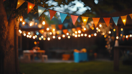 Colorful bunting is swaying in the breeze as string lights illuminate a festive backyard gathering