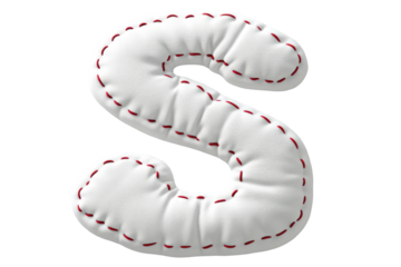 A white fabric letter S stitched with red thread on a white quilted background.