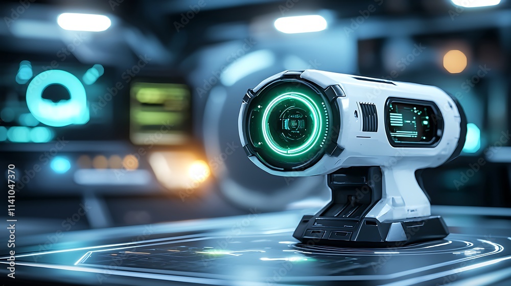 Poster Futuristic white technological device with glowing green interface on a digital table in a high-tech lab.