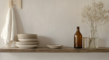 Minimalist Open Kitchen Shelf with Stacked Ceramic Bowls, Amber Glass Bottles, and Linen Towel in Neutral Tones