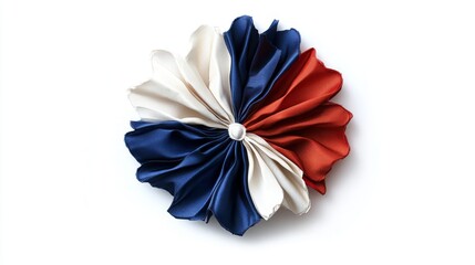 A beautiful decorative flower made from fabric in red white and blue colors. Perfect for celebrations or crafting projects. Embrace creativity with this elegant piece. Generative AI