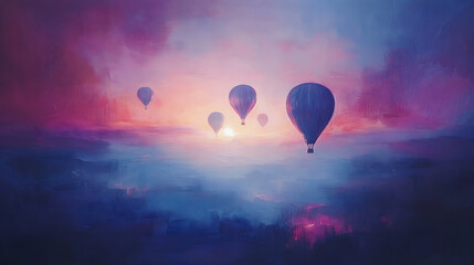 Obraz premium Colorful hot air balloons floating over a misty landscape at sunrise, creating a serene and dreamy atmosphere