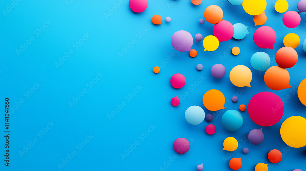 Poster colorful speech bubbles scattered across a blue background creating a vibrant and playful visual dis