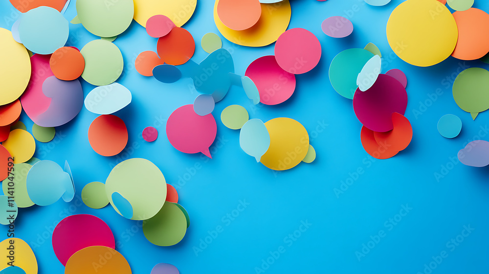 Aufkleber colorful speech bubbles scattered across a blue background creating a vibrant and playful visual dis