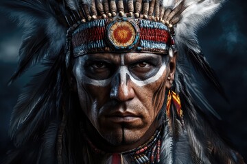 American Indian warrior  chief of the tribe. man with feather headdress and tomahawk
