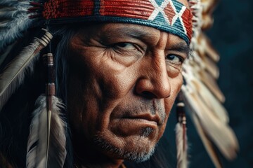 American Indian warrior  chief of the tribe. man with feather headdress and tomahawk