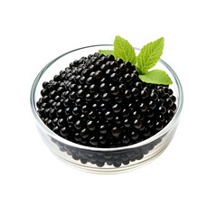 A bowl of black caviar decorated with fresh green leaves on a transparent background. 
