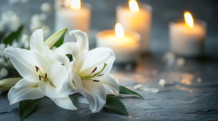 Condolence card surrounded by white lilies and burning candles on a stone surface with blurred gray background, funeral concept image