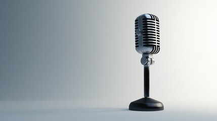 Vintage Microphone on Stand, Silver and Black, Studio Setup, Retro Audio Equipment, Broadcasting, Podcast, Recording, Music, Radio, Communication, Classic Style, Elegant Design, Simple Background