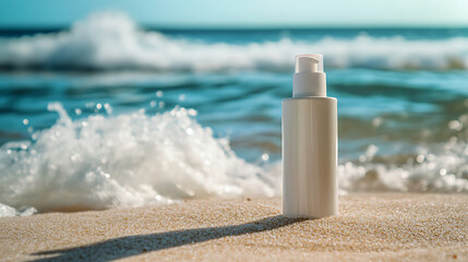 Cosmetic bottle is standing on the sand with ocean waves crashing in the background