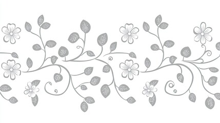 A delicate floral pattern featuring intertwining branches, leaves, and flowers in gray tones.